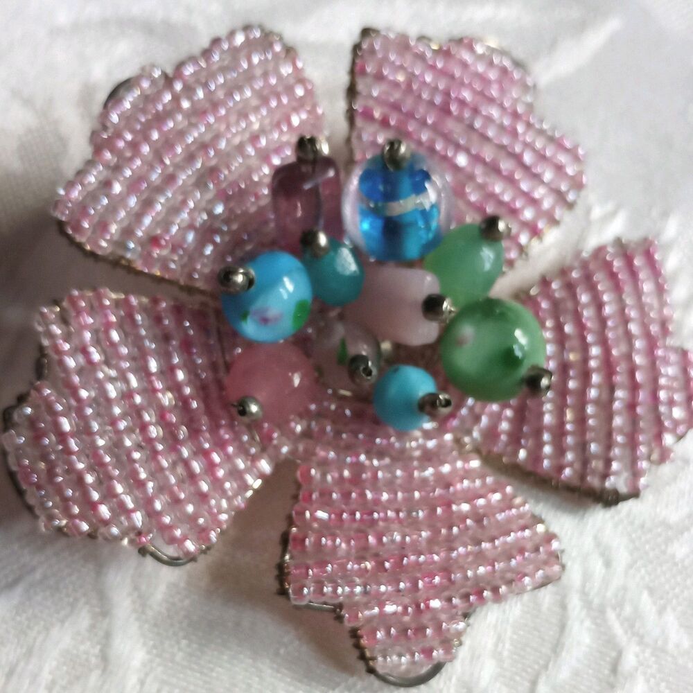 1930s Vintage Intricate Multicolor pink glass Seed Bead Flower Brooch Pin 3"